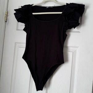 Zara Women Black Ruffle Sleeve Bodysuit